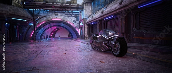 Obraz Futurystyczny motocykl na obskurnej, dystopijnej ulicy w centrum miasta. Ilustracja 3D koncepcji kinowego cyberpunku.