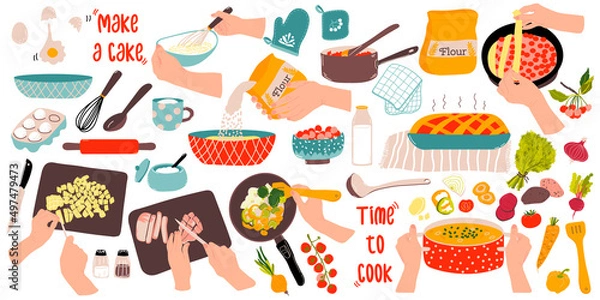 Obraz Cooking soup. A set with cooking stages, vegetables, dishes.   Preparation the cherry pie with ingredients and utensils. Female hands. Text - Make a cake, Time to cook. Vector illustration