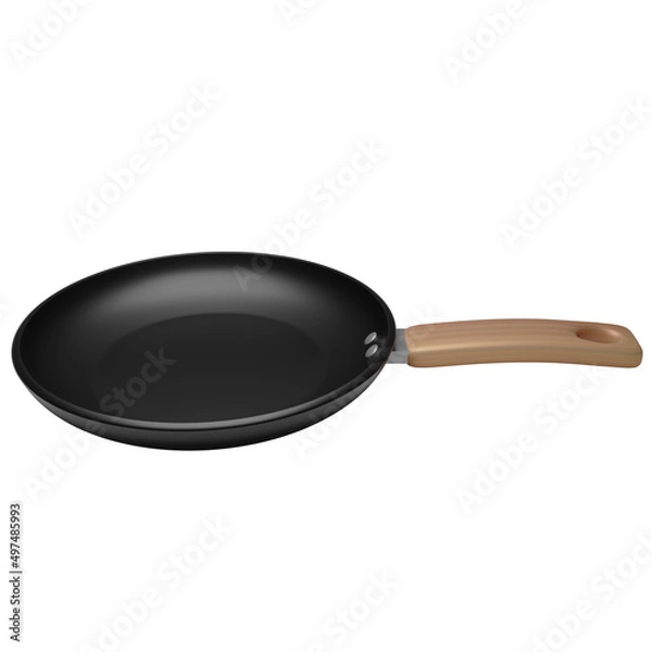 Obraz 3D rendering isolated stainless pan and wooden handle in white background