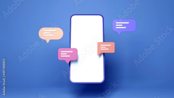 Obraz 3d cartoon smartphone, with bubble chat, mobile phone mockup, 3d render illustration.