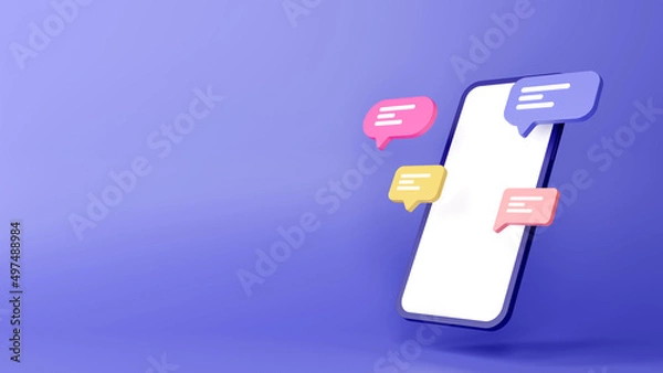 Obraz 3d cartoon smartphone, with bubble chat, mobile phone mockup, 3d render illustration.