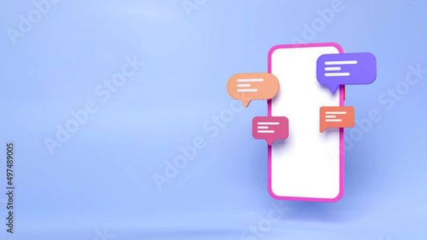 Obraz 3d cartoon smartphone, with bubble chat, mobile phone mockup, 3d render illustration.