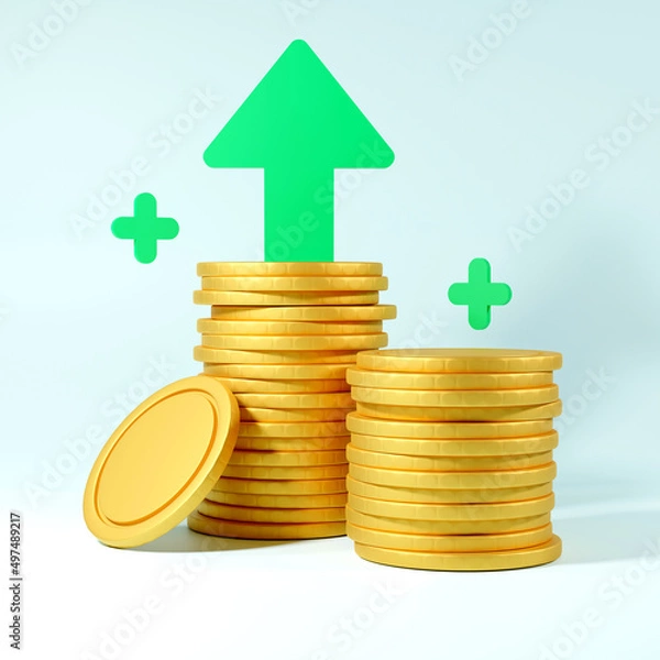 Obraz 3d illustration gold coin stacks growing graph, on blue background, growing financial, business investment and saving money concept, 3d render illustration