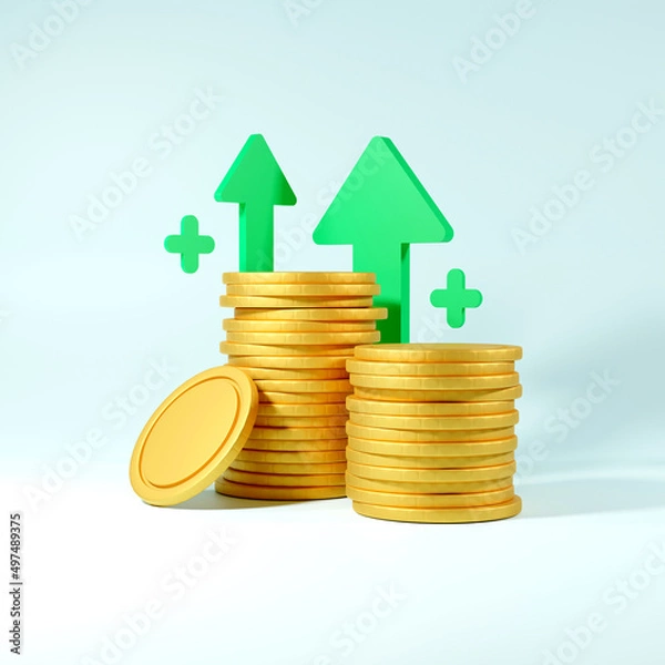 Obraz 3d illustration gold coin stacks growing graph, on blue background, growing financial, business investment and saving money concept, 3d render illustration