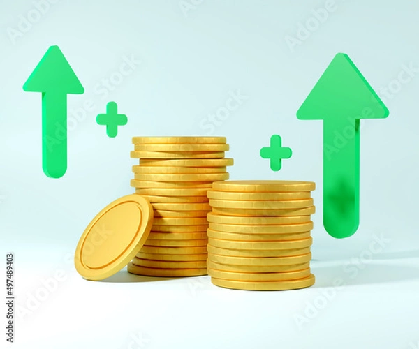 Fototapeta 3d illustration gold coin stacks growing graph, on blue background, growing financial, business investment and saving money concept, 3d render illustration