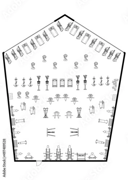 Obraz 3D Floor plan of a gym, 3D illustration. Open concept gym layout. Floor plan of a gym top view 3D illustration. Open concept gym layout.