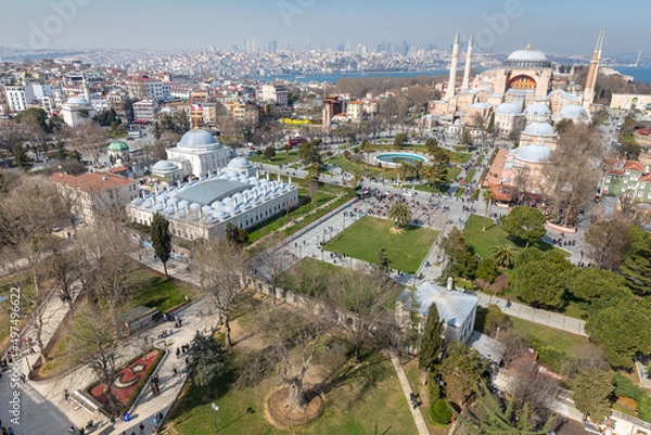 Fototapeta High angle and close-up detailed view of Sultanahmet Square in Fatih district of Istanbul, Turkey on March 28, 2022.
