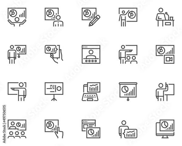 Fototapeta Set of Vector Line Icons Related to Business Presentations. Report in the Conference Room at The Seminar. Presenter, Audience, Growth Analysis. Editable Stroke. 48x48 Pixel Perfect.