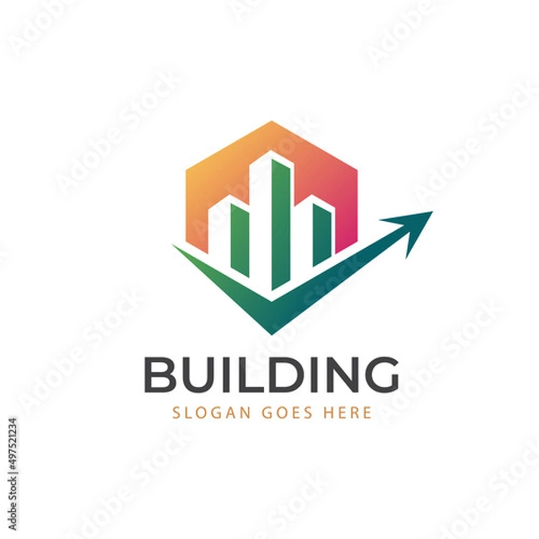 Fototapeta building city real estate logo element, realty property investment logo design with check icon for hotel, business invest