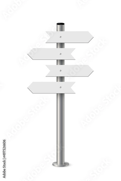 Fototapeta Signpost with blank direction signs on road. Metal pole with white arrow boards vector illustration. Retro steel street post isolated on white background. Simple empty crossroad banners