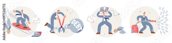 Fototapeta Success and business fail of businessman character set, man surfing, breaking computer