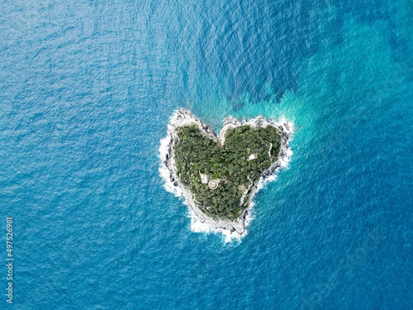 Obraz Aerial view of Bergeggi island, heart island from above, in Liguria, north Italy. Drone photography of the Ligurian coast, province of Savona with Spotorno and the island of Bergeggi.