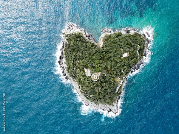 Obraz Aerial view of Bergeggi island, heart island from above, in Liguria, north Italy. Drone photography of the Ligurian coast, province of Savona with Spotorno and the island of Bergeggi.