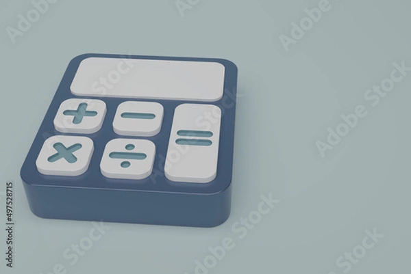 Fototapeta 3d  render blue calculator icon on blue background. Cartoon minimal calculator style. Math device. Financial analytics, copy space. 3d rendering illustration.