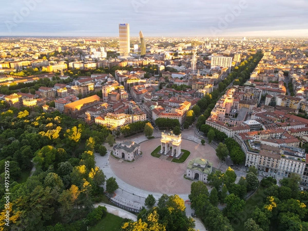 Obraz Aerial view of Arco della Pace in Milano, north Italy. Drone photography of Arch of Peace in Piazza Sempione, near Sempione park in the heart of Milan, Lombardy and Sforza Castle.