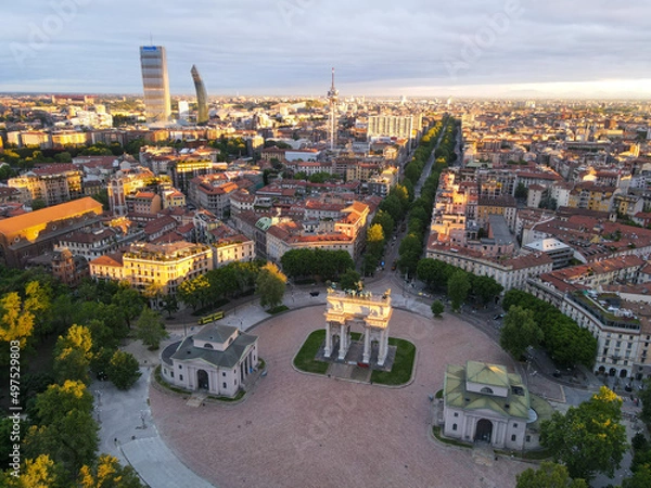 Obraz Aerial view of Arco della Pace in Milano, north Italy. Drone photography of Arch of Peace in Piazza Sempione, near Sempione park in the heart of Milan, Lombardy and Sforza Castle.