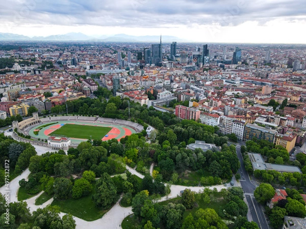 Obraz Aerial view of Castello Sforzesco (Sforza castle) in Milan. Drone photography in Lombardia. Historic medieval Sforza fortress and Arco della Pace in Sempione park, north Italy, in Europe.