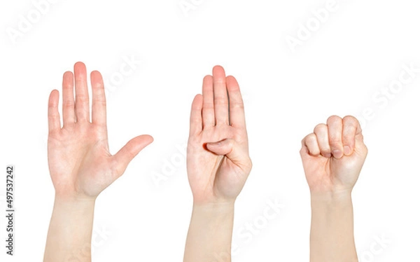Fototapeta Signal for help, a woman shows how to make a hand gesture to ask for help silently. Global language symbol to save a life from kidnapping in public - Open hand, fold the thumb and fold all fingers.