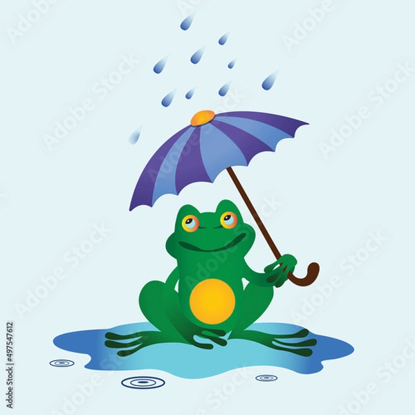 Fototapeta Children's illustration in cartoon style frog under an umbrella in the rain and a puddle. Cute funny green frog in rainy weather.