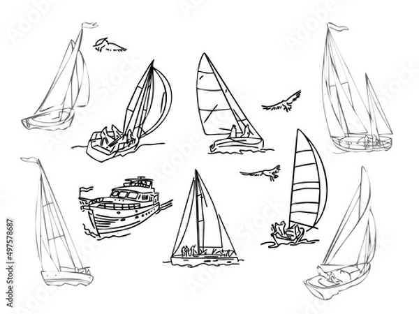 Fototapeta A set of black silhouette sailboats, a set of sailboat badges. doodle style. Vector collection with hand-drawn yachts