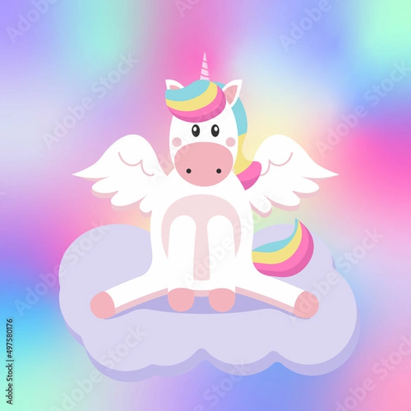 Fototapeta cute unicorn sitting in a cloud, rainbow background