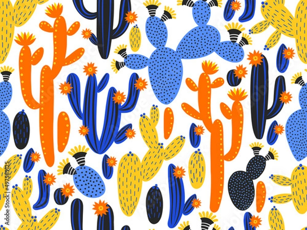 Fototapeta Vector seamless pattern with cactus on black and white geometric background. Summer plants, flowers and leaves. Natural floral bright design. Botanical illustration.