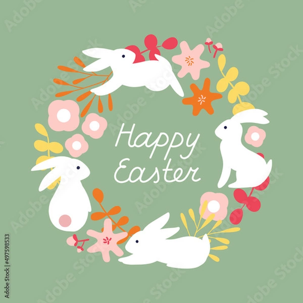 Fototapeta Happy Easter greeting card round wreath with spring motif and hares. Painted in folk style pattern design with flowers. Square card flat vector illustration.