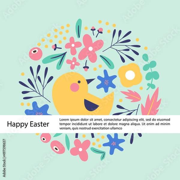 Fototapeta Happy Easter card template on green background. Hand-drawn spring postcard design. Square greeting card with chicken and spring flowers. Vector flat illustration.