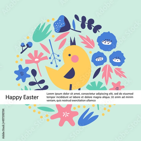 Fototapeta Happy Easter greeting card with spring flower, chicken illustration template on green background. Painted in folk style pattern design. Square card flat vector illustration.