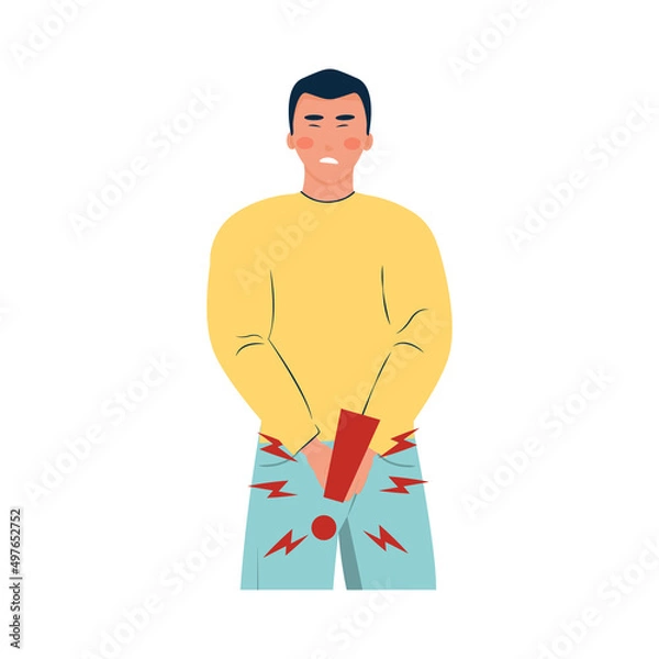 Obraz man with disease of genitourinary system. inflammation of prostate, pain. Bladder problems and urinary incontinence. Symptoms of prostatitis.  Isolated character. Vector illustration