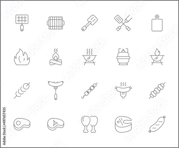Fototapeta Set of barbecue and Grill icons line style. It contains such Icons as BBQ, picnic, camping, meat, steak, food, outdoor, hiking, sausages, beef and other elements.