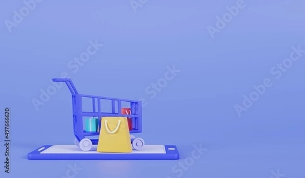 Fototapeta Shopping cart with bags standing upon big mobile phone on background.3d rendering illustration
