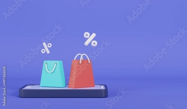 Fototapeta Online shopping concept on smartphone.discount promotion sale icon on background.3d rendering illustration