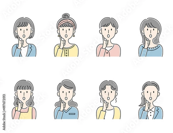 Fototapeta 手描き風・驚いた顔の女性のベクターイラストセット