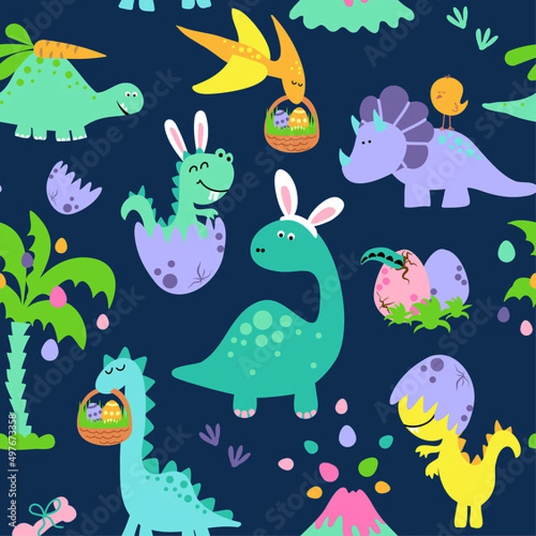 Fototapeta Dino Easter egg hunt party - Funny cartoon dinosaurs, bones, and eggs. Cute t rex,  characters. Hand drawn vector doodle set for kids. Good for textiles, nursery, wallpapers, wrapping paper, clothes.