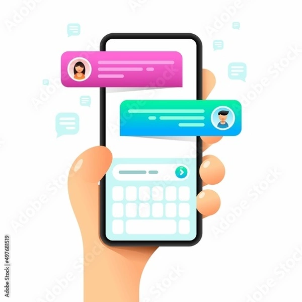 Fototapeta Smartphone mockup in human hand. Text messages. Messaging. Vector colorful social media illustration. Instagram, Whatsapp, Skype