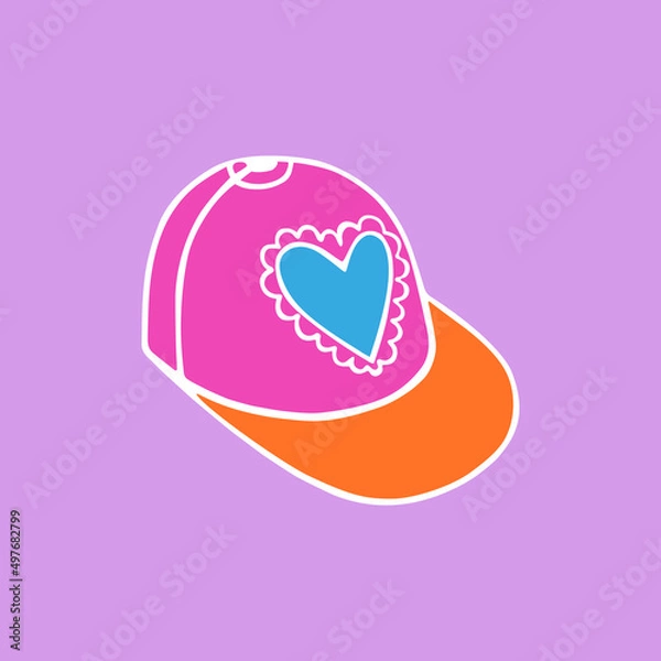 Fototapeta Cute colorful baseball cap with a patch in the form of a lace heart. A hand-drawn flat vector illustration of an isolated headdress in the style of doodles. For shop, card, sticker, Valentine's Day.