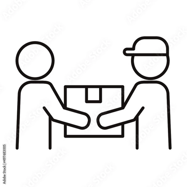 Fototapeta 宅配便の受け渡しを表すシンプル線画モノクロアイコン/白背景