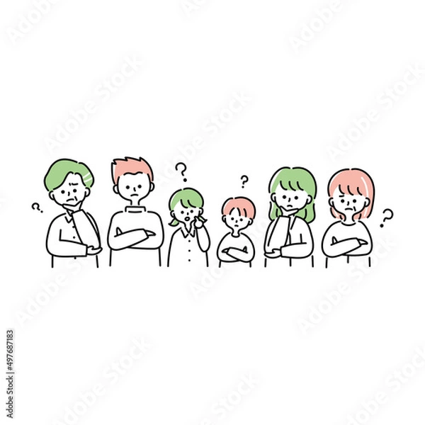 Fototapeta 考えている三世代家族の上半身イラスト