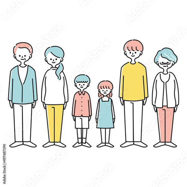 Obraz 正面を向いて立つ三世代家族のイラスト