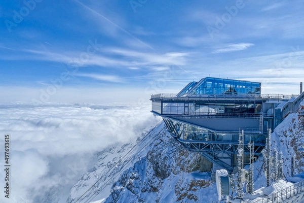 Obraz Ansicht der Zugspitze mit Seilbahn in den Alpen