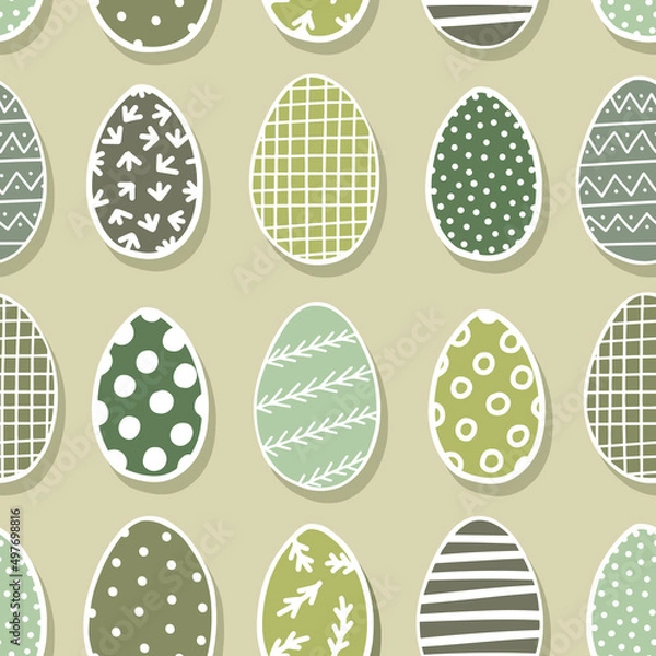 Fototapeta Graphic style colorful decorated Easter eggs vector illustration. Spring season holiday seamless pattern isolated on light green background.