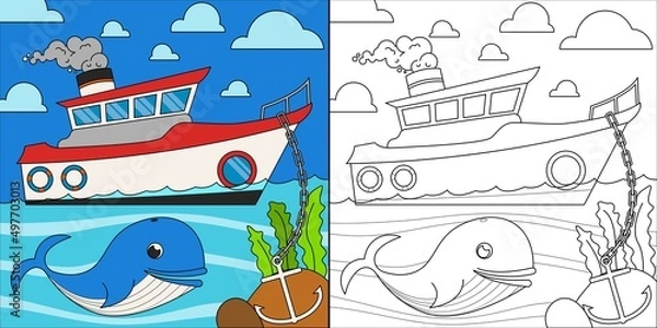 Fototapeta Boats and whales in the sea suitable for children's coloring page vector illustration