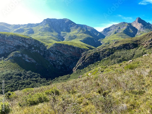 Fototapeta Rolling green mountains and hills on a sunny day