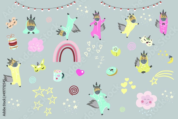 Fototapeta A set of eight funny unicorns in pajamas, a set for a pajama party, a rainbow, clouds, stars, sleep masks, garlands, hearts, macaroons, flowers, pastel gentle colors.