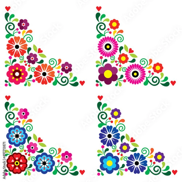 Obraz Mexican floral corners vector design set of four, retro folk art pattern collection inspired by traditional embroidery from Mexico
 