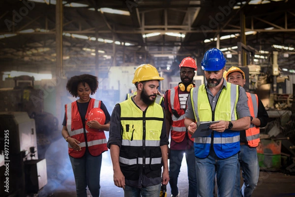 Obraz group of diversity teamwork, engineers, technician and workers team in safety uniform having discussion while walking through heavy industry manufacturing factory.	