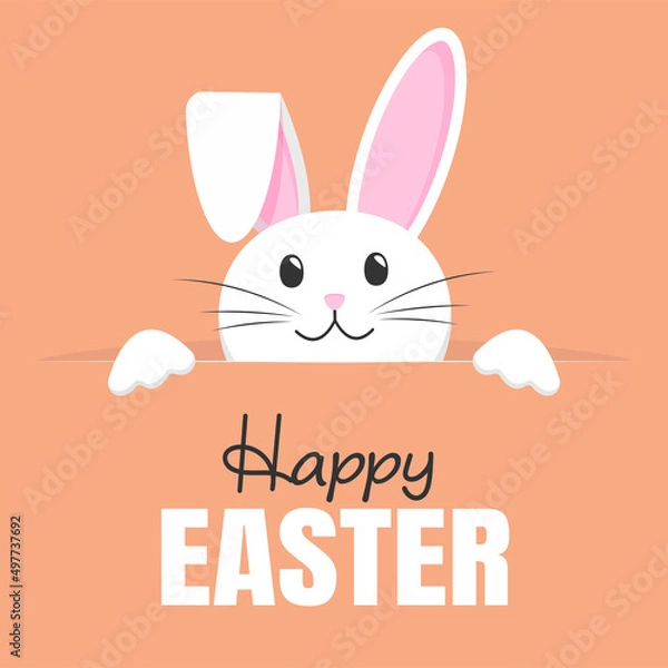 Fototapeta Happy Easter. Vector card with cute smiling rabbit . The rabbit peeking. Easter Bunny on an orange background. The concept of a greeting card. Christ is risen. 