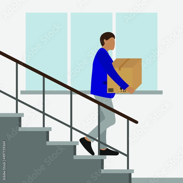 Obraz A male character with a cardboard box in his hands goes down the stairs against the background of a wall with a window