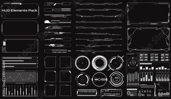 Obraz HUD Futuristic Virtual UI Element Set with Frame, Screen, Communication Bars, Circle for Game, Technology Infographic, Apps Vector.